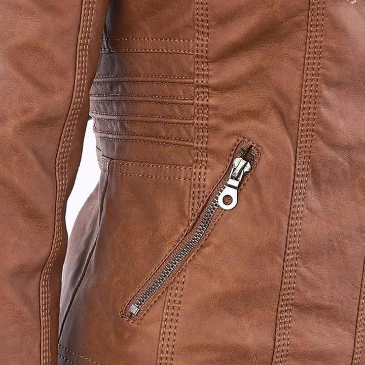 Women's Hooded Faux Leather Removable Hood Biker Coat