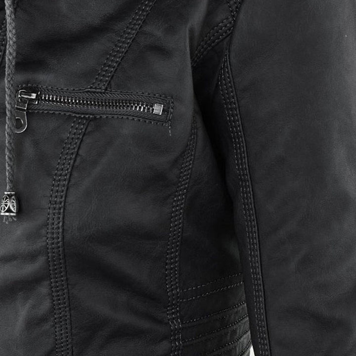 Women's Hooded Faux Leather Removable Hood Biker Coat
