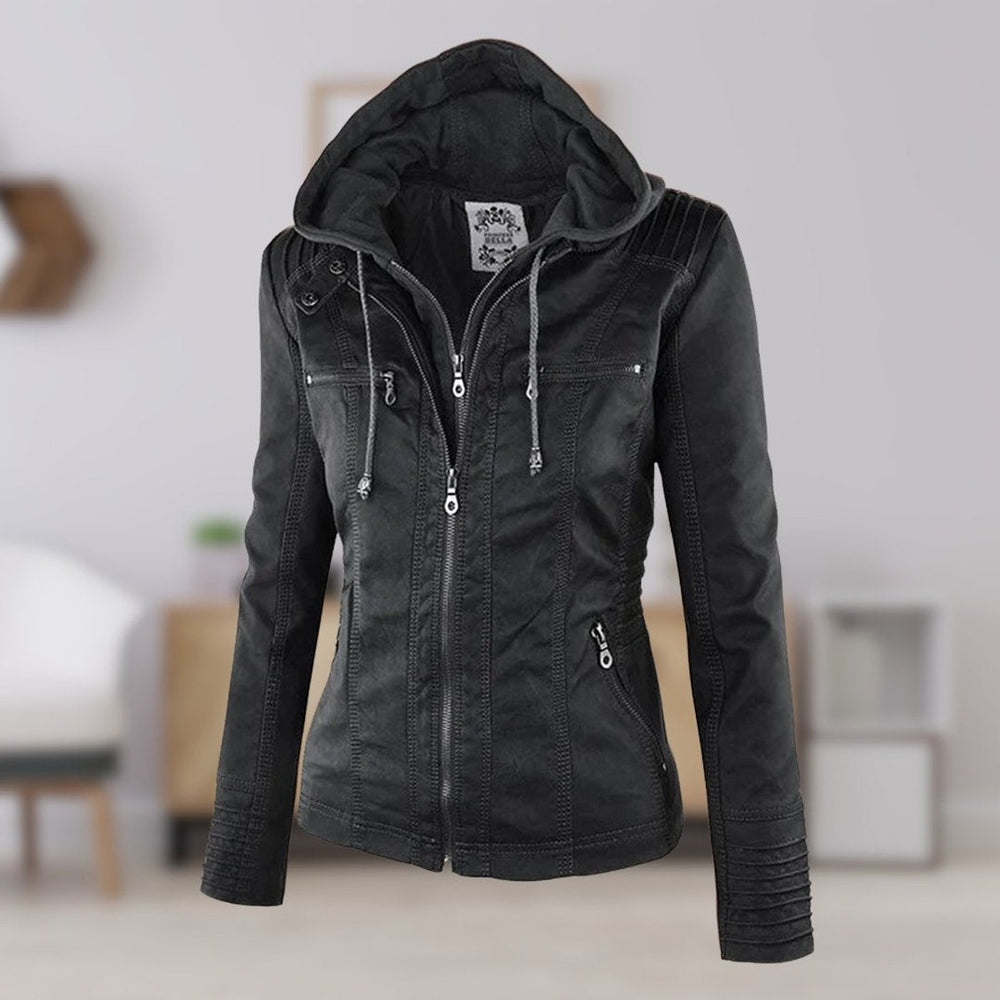 Women's Hooded Faux Leather Removable Hood Biker Coat