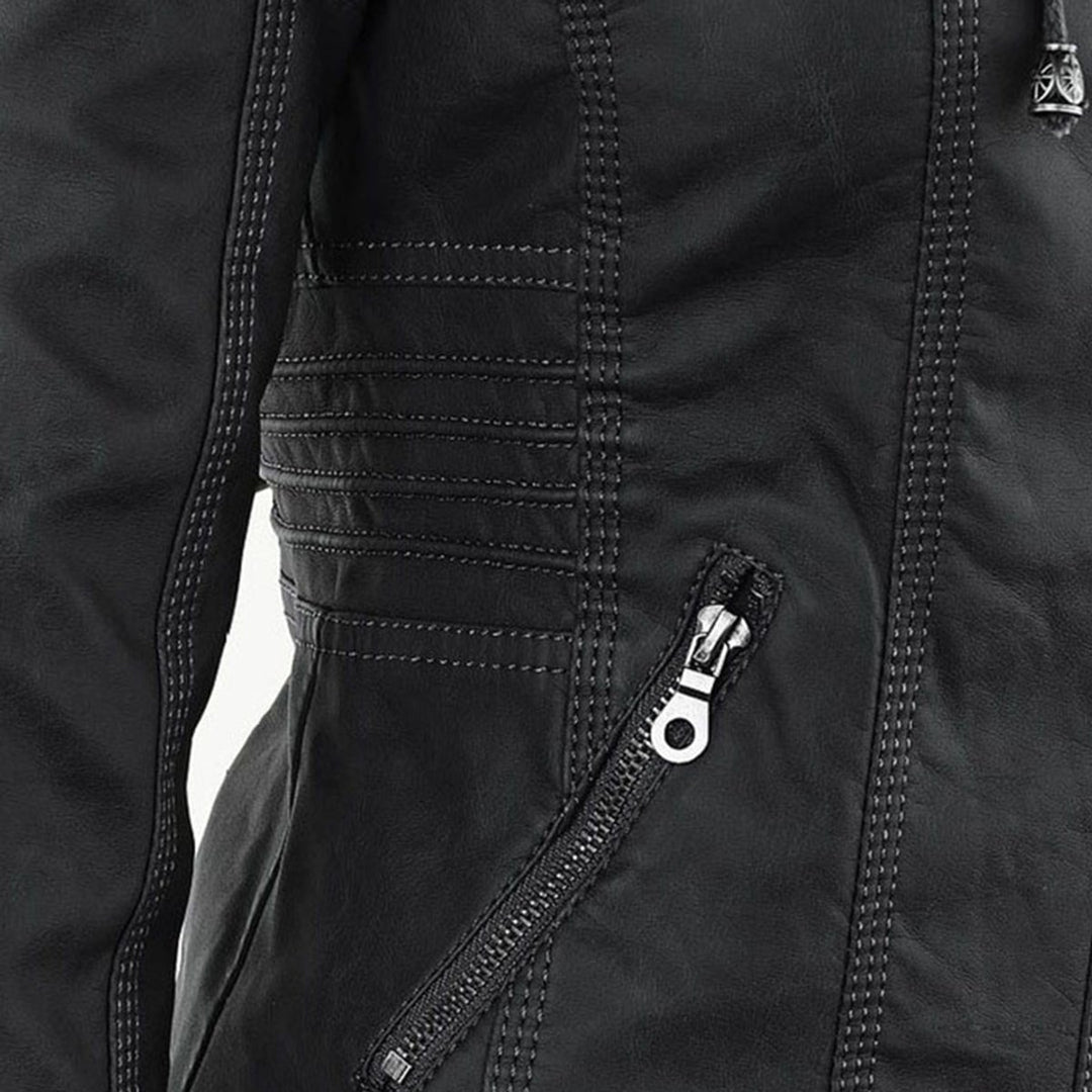 Women's Hooded Faux Leather Removable Hood Biker Coat