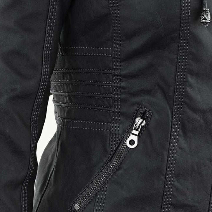 Women's Hooded Faux Leather Removable Hood Biker Coat