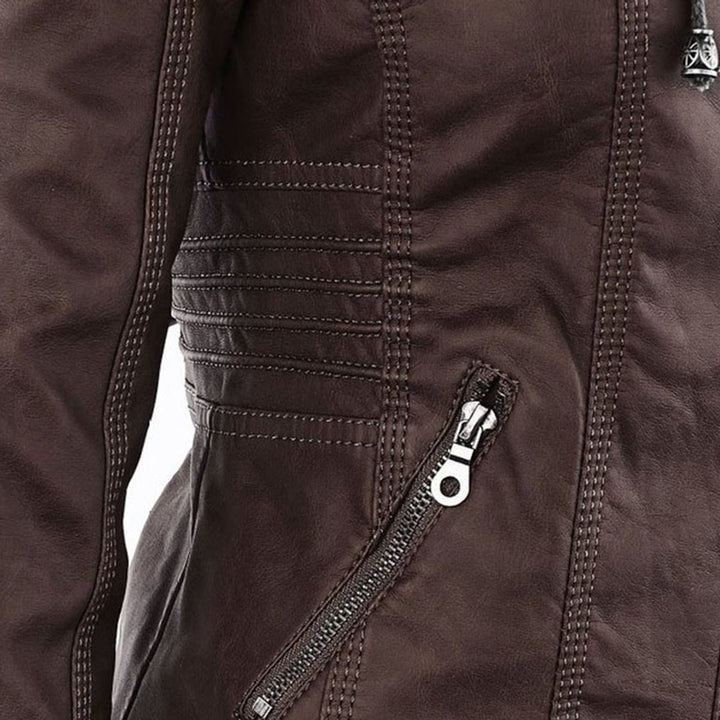 Women's Hooded Faux Leather Removable Hood Biker Coat