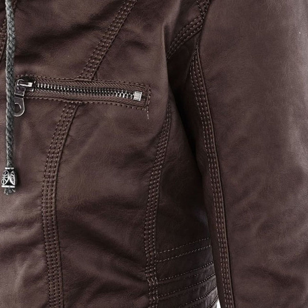 Women's Hooded Faux Leather Removable Hood Biker Coat