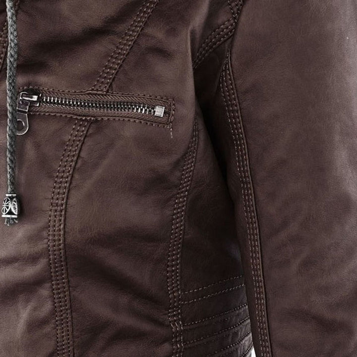 Women's Hooded Faux Leather Removable Hood Biker Coat
