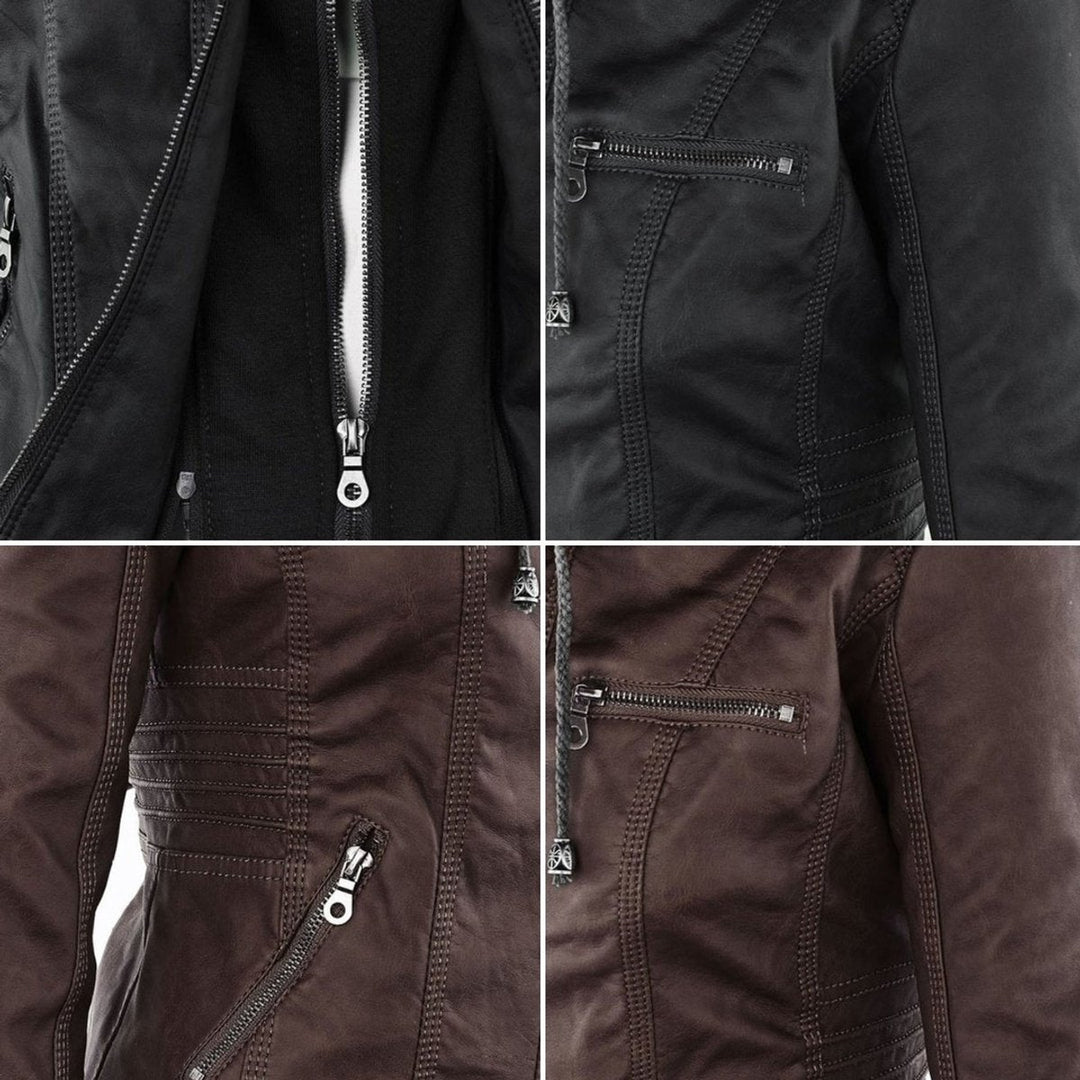 Women's Hooded Faux Leather Removable Hood Biker Coat