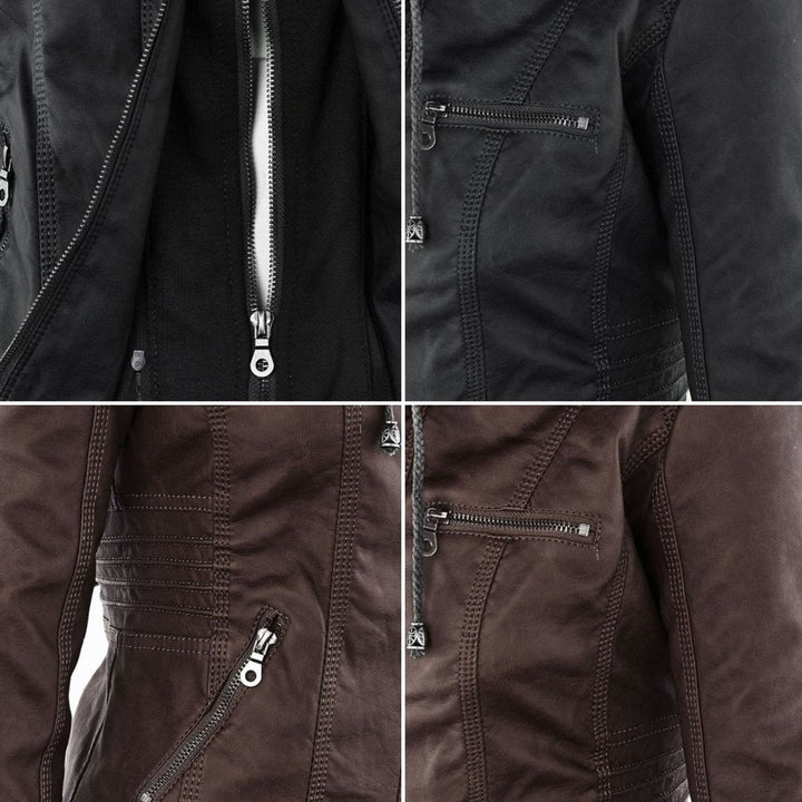 Women's Hooded Faux Leather Removable Hood Biker Coat