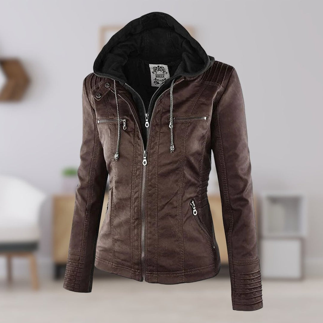 Women's Hooded Faux Leather Removable Hood Biker Coat