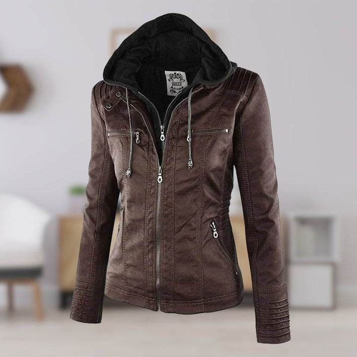 Women's Hooded Faux Leather Removable Hood Biker Coat