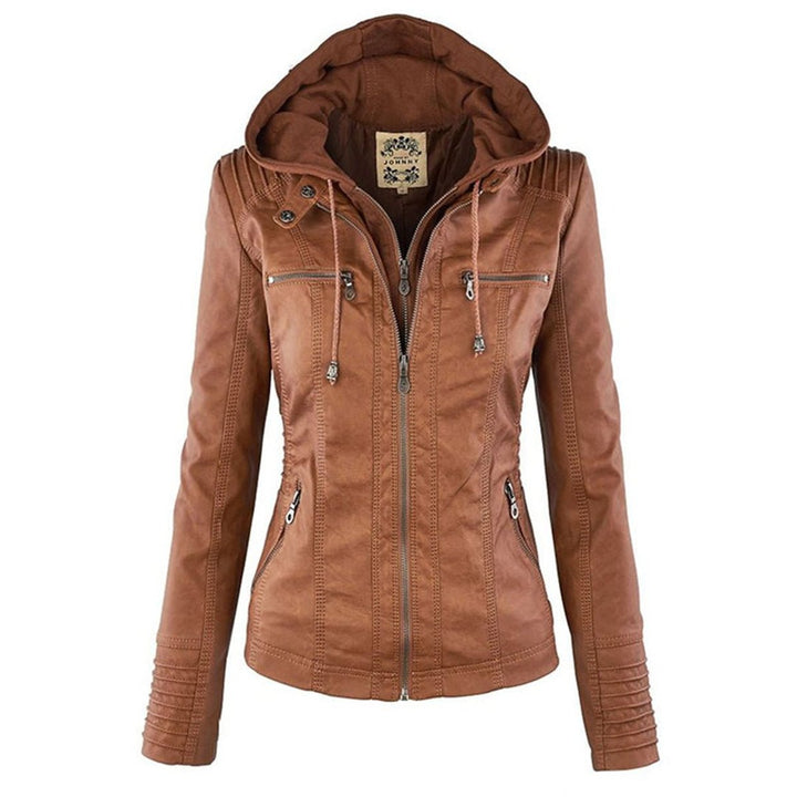 Women's Hooded Faux Leather Removable Hood Biker Coat