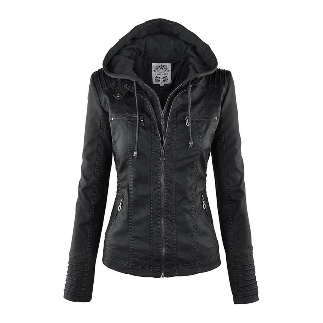 Women's Hooded Faux Leather Removable Hood Biker Coat