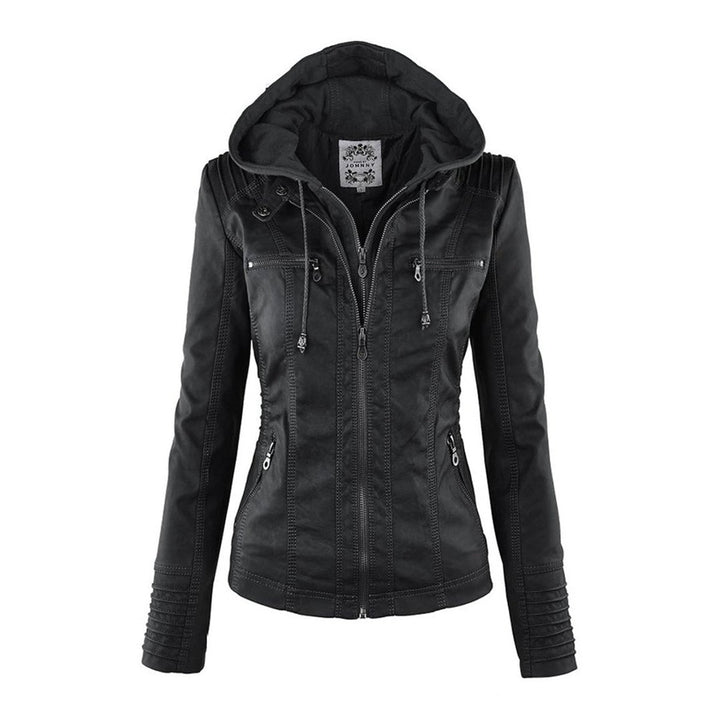 Women's Hooded Faux Leather Removable Hood Biker Coat