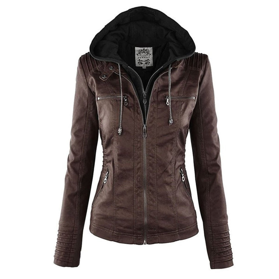 Women's Hooded Faux Leather Removable Hood Biker Coat