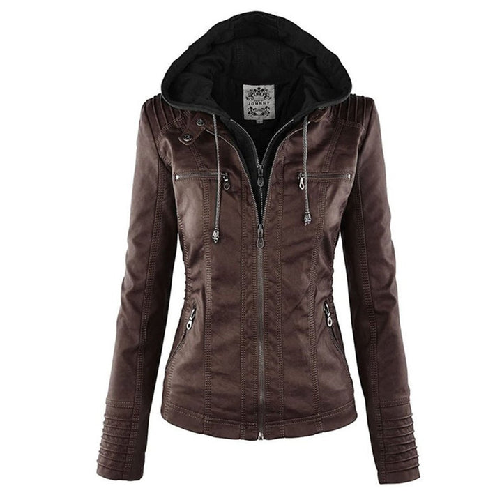 Women's Hooded Faux Leather Removable Hood Biker Coat