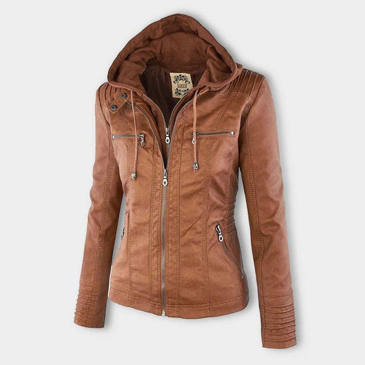 Women's Hooded Faux Leather Removable Hood Biker Coat