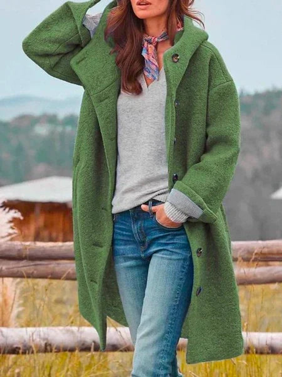 Women's Hooded Fleece Wool Coat Long Button-Up Ladies Jacket