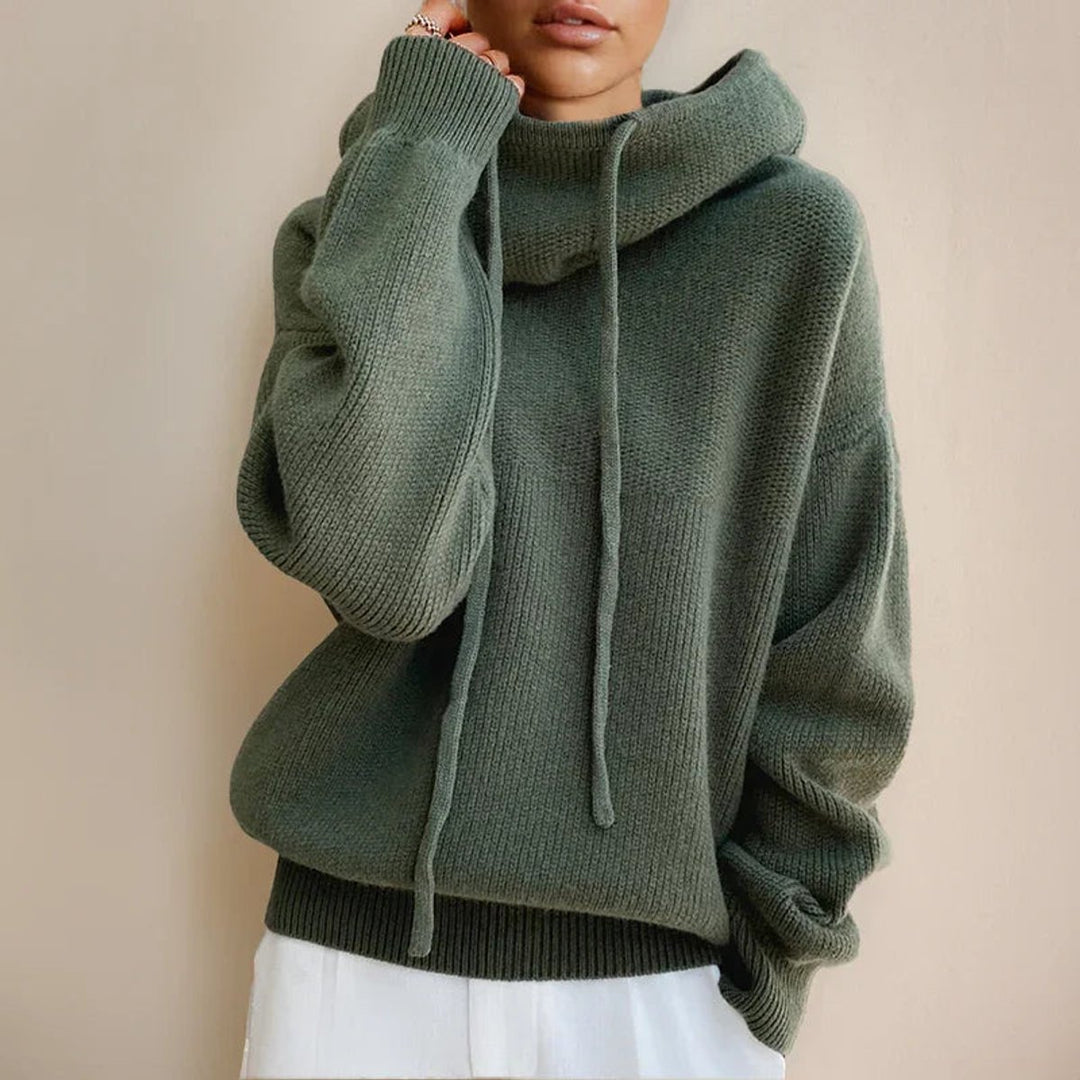 Women's Hooded Knitted Jumper Soft Roll Neck Drawstring Pullover