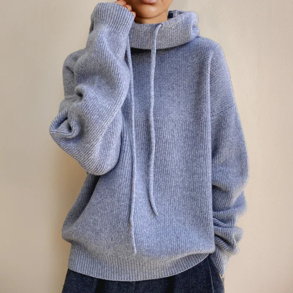 Women's Hooded Knitted Jumper Soft Roll Neck Drawstring Pullover