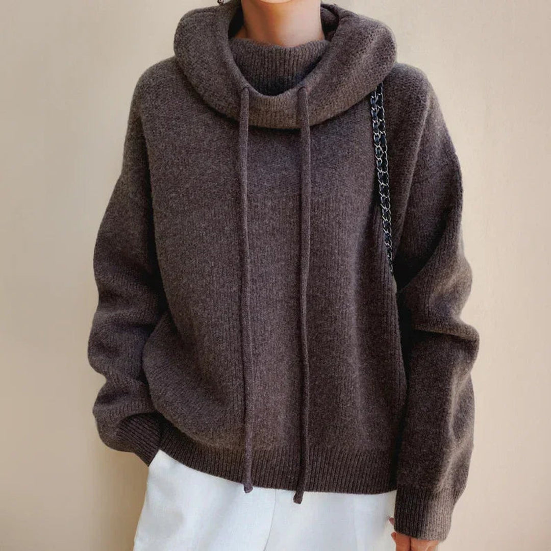 Women's Hooded Knitted Jumper Soft Roll Neck Drawstring Pullover