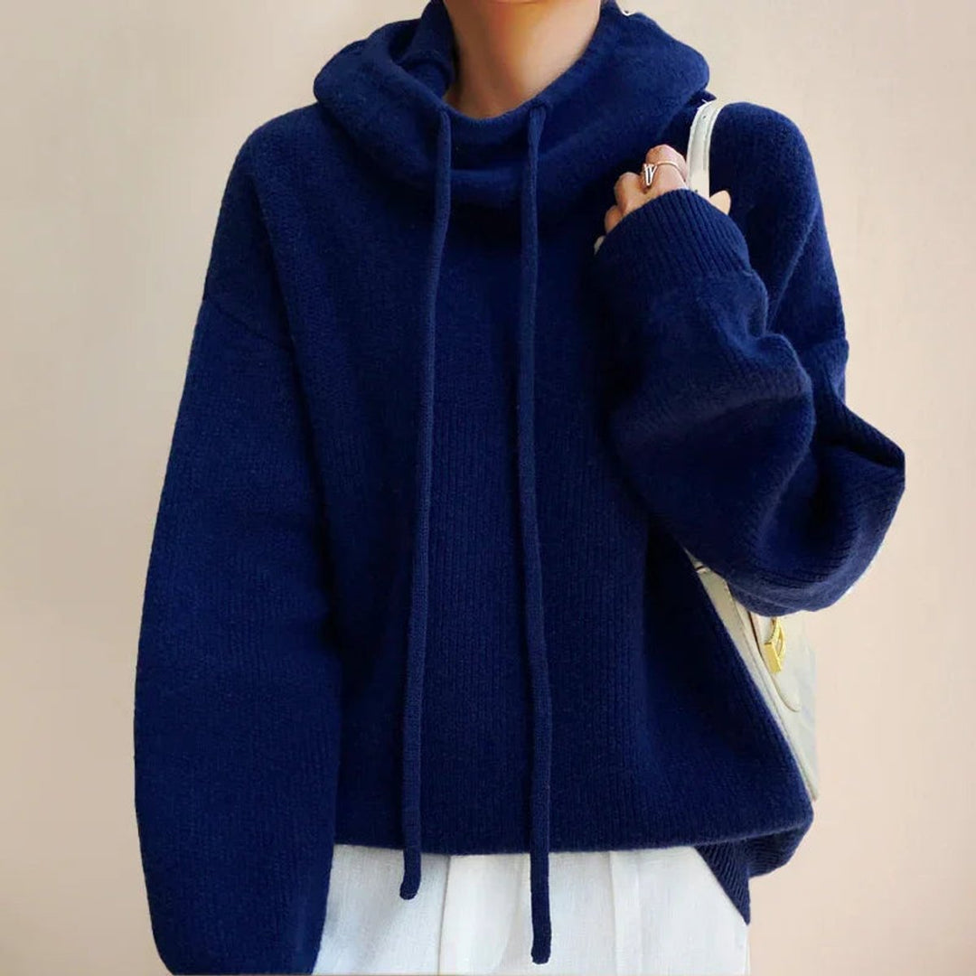 Women's Hooded Knitted Jumper Soft Roll Neck Drawstring Pullover