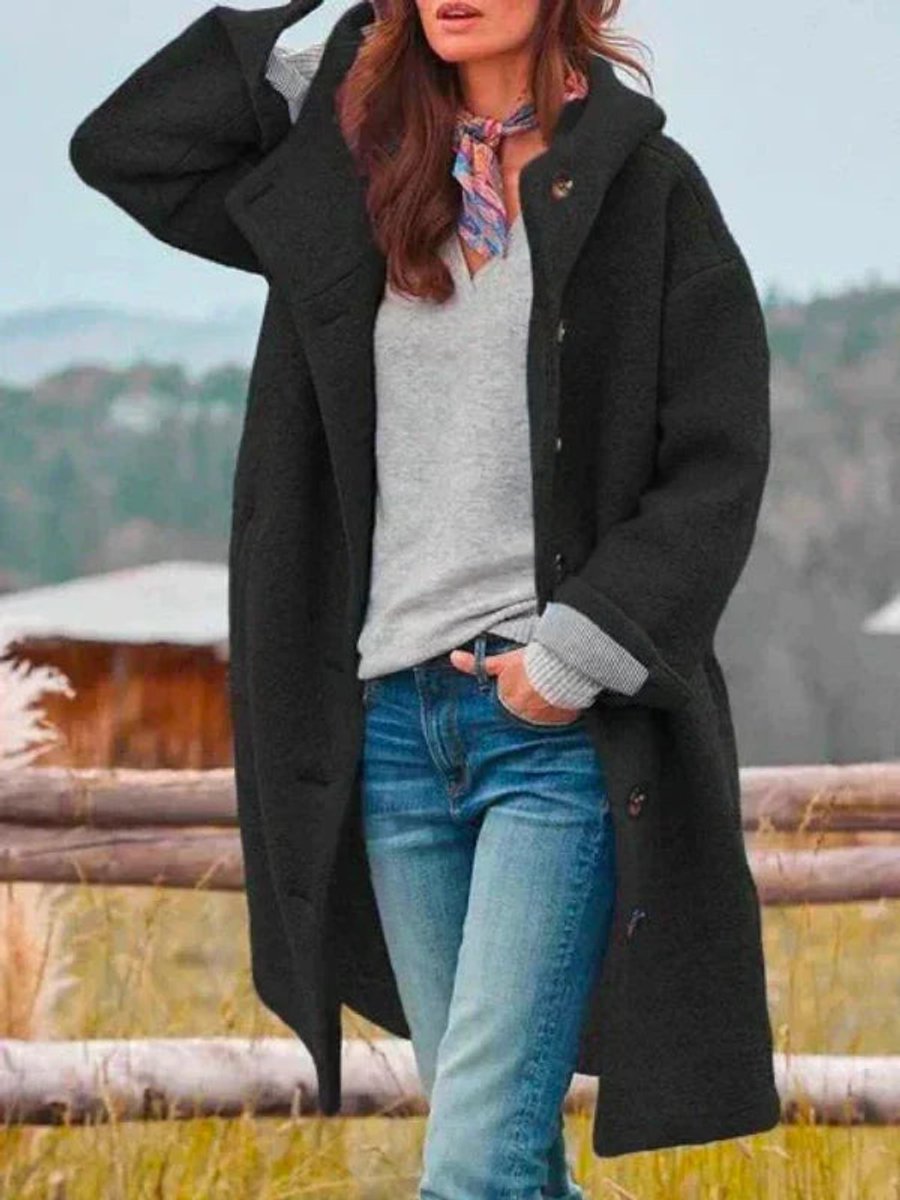 Women's Hooded Longline Wool-Touch Button-Front Winter Coat