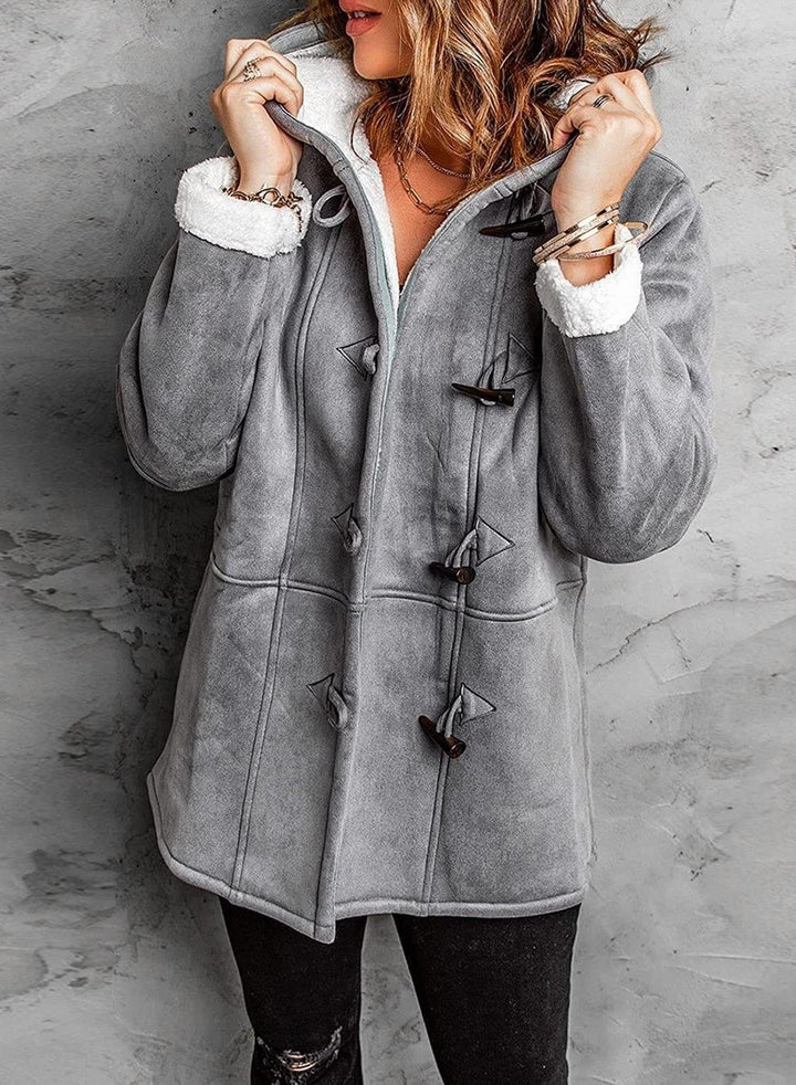 Women's Hooded Sherpa-Lined Suede Coat Toggle Fastening