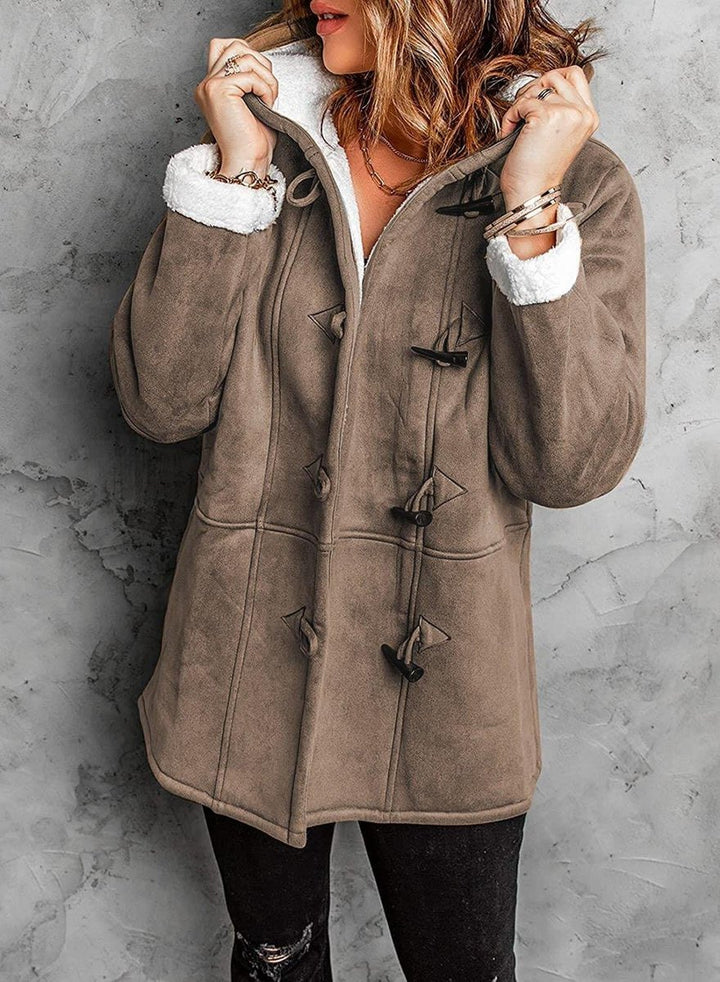 Women's Hooded Sherpa-Lined Suede Coat Toggle Fastening