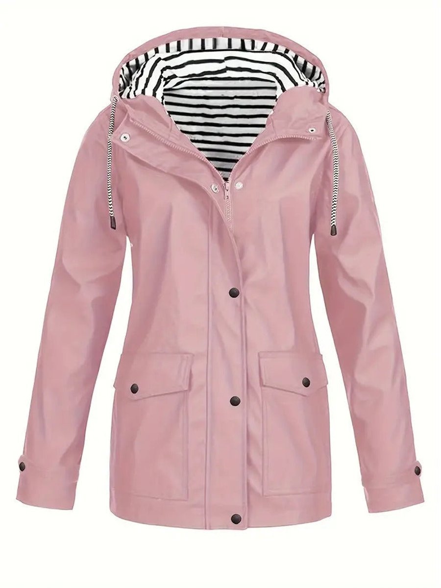Women's Hooded Waterproof Striped-Lined Zip-Up Rain Coat