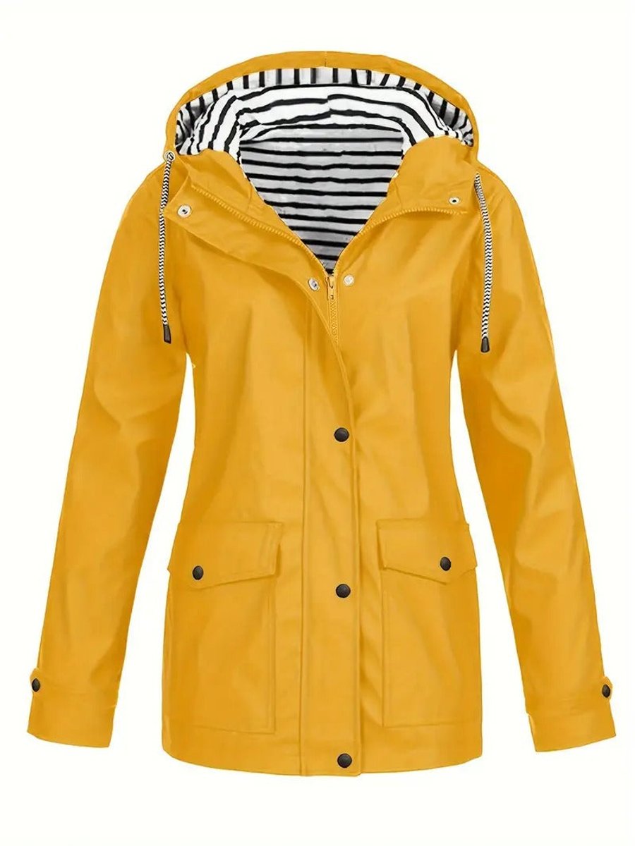 Women's Hooded Waterproof Striped-Lined Zip-Up Rain Coat