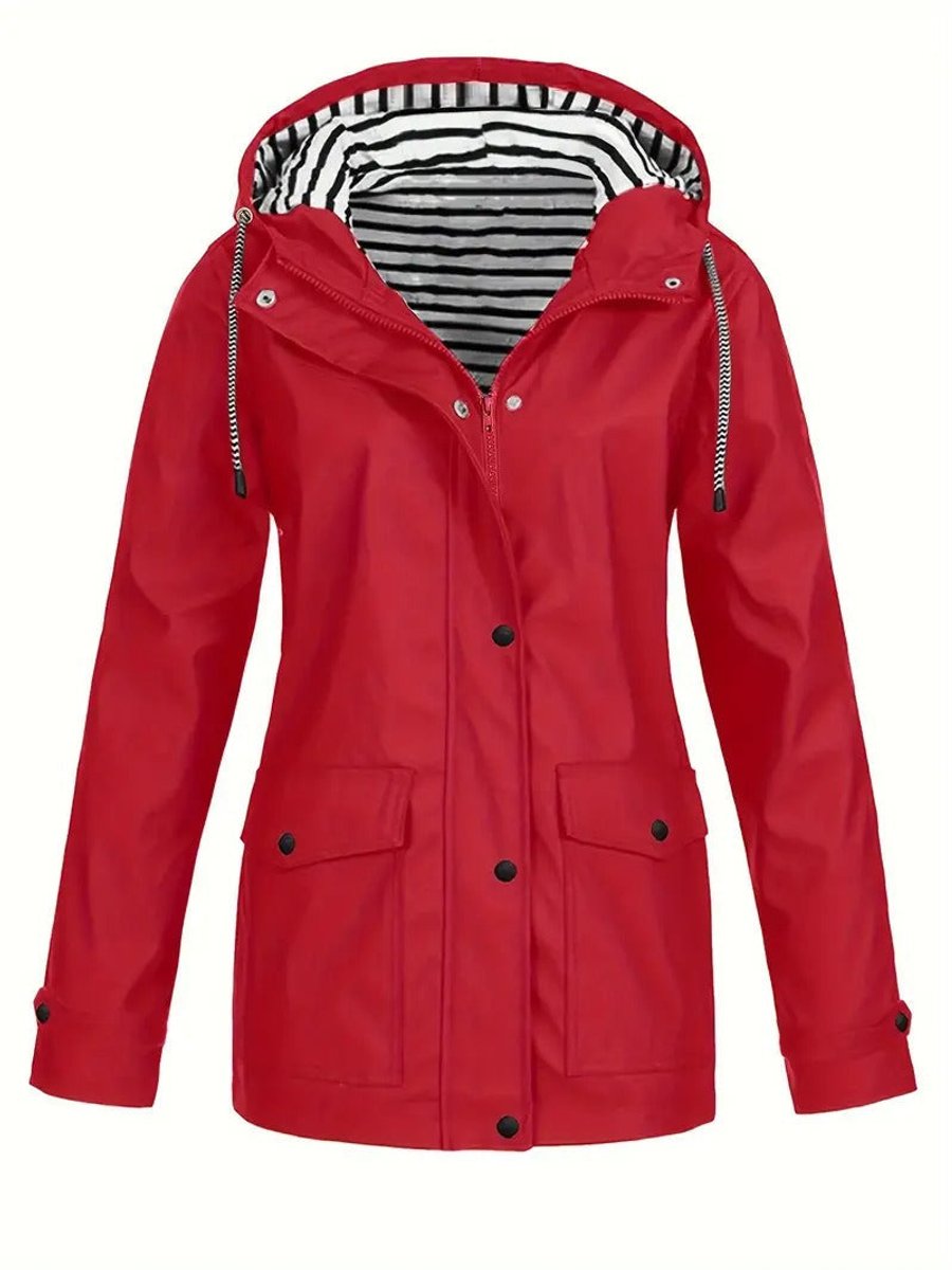 Women's Hooded Waterproof Striped-Lined Zip-Up Rain Coat