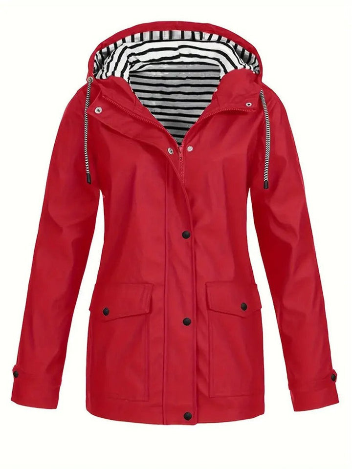 Women's Hooded Waterproof Striped-Lined Zip-Up Rain Coat