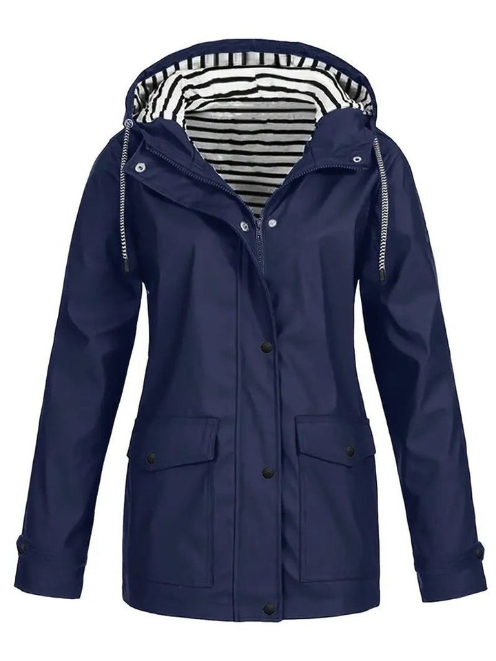 Women's Hooded Waterproof Striped-Lined Zip-Up Rain Coat