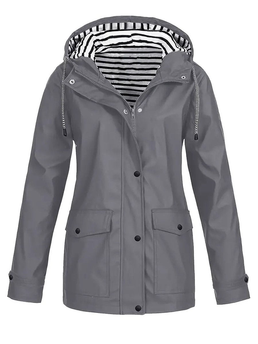 Women's Hooded Waterproof Striped-Lined Zip-Up Rain Coat