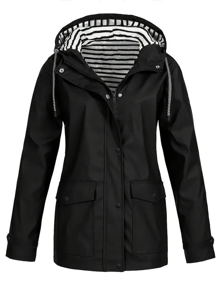 Women's Hooded Waterproof Striped-Lined Zip-Up Rain Coat