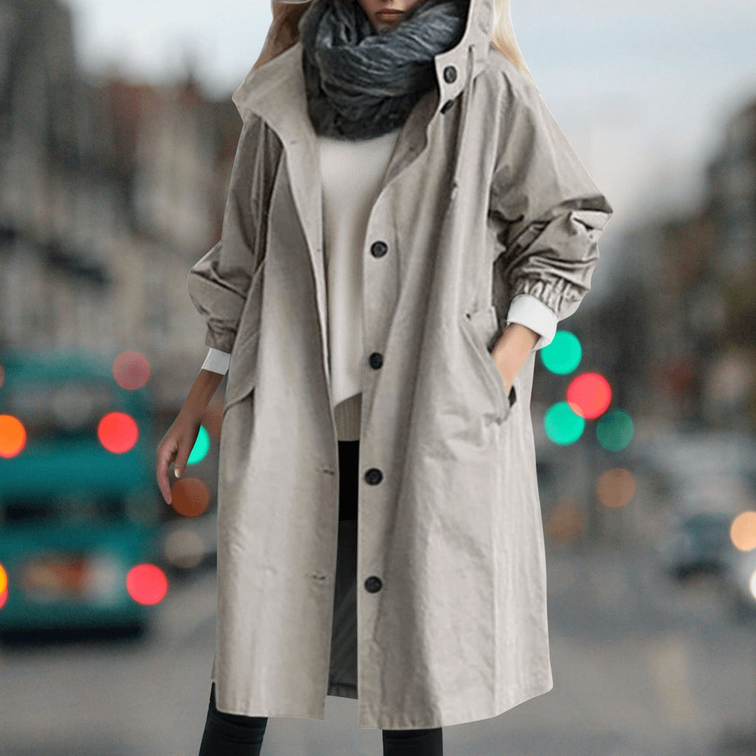 Women's Hooded Waterproof Trench Coat Button-Front Longline