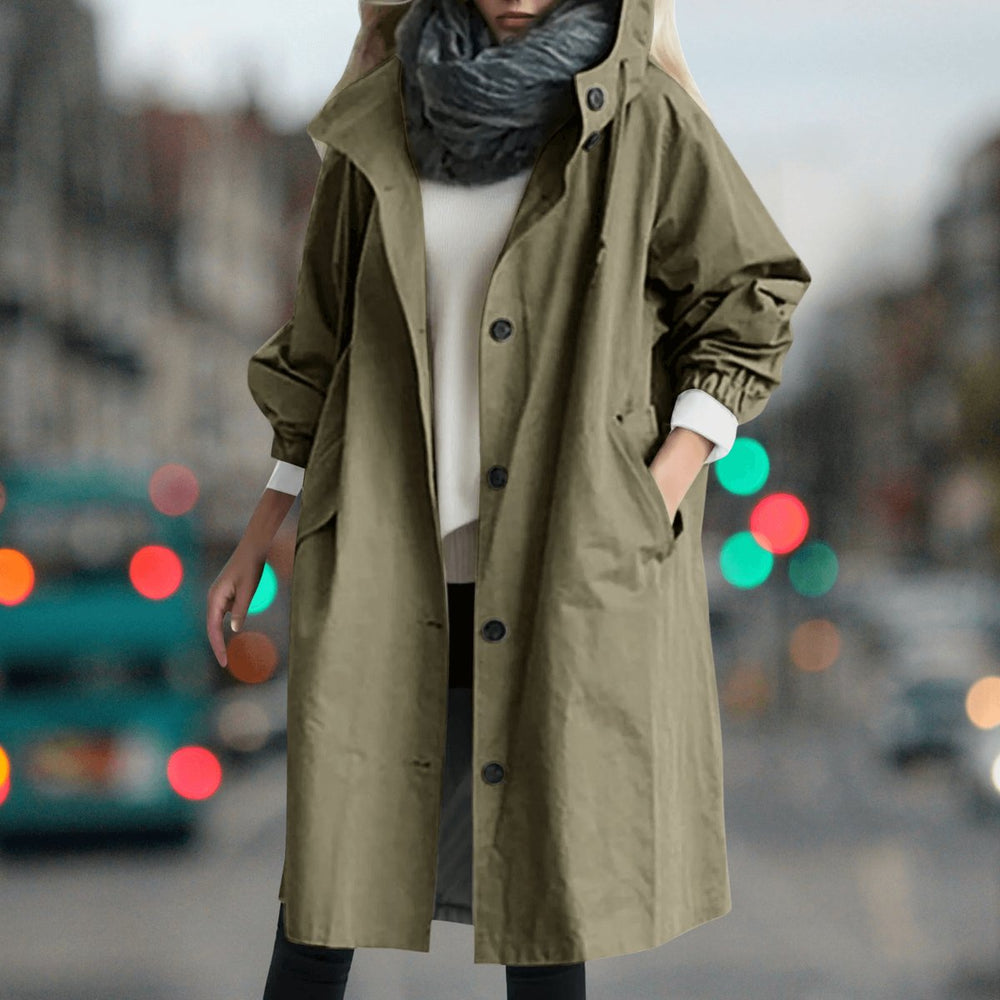 Women's Hooded Waterproof Trench Coat Button-Front Longline