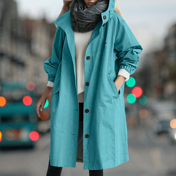 Women's Hooded Waterproof Trench Coat Button-Front Longline