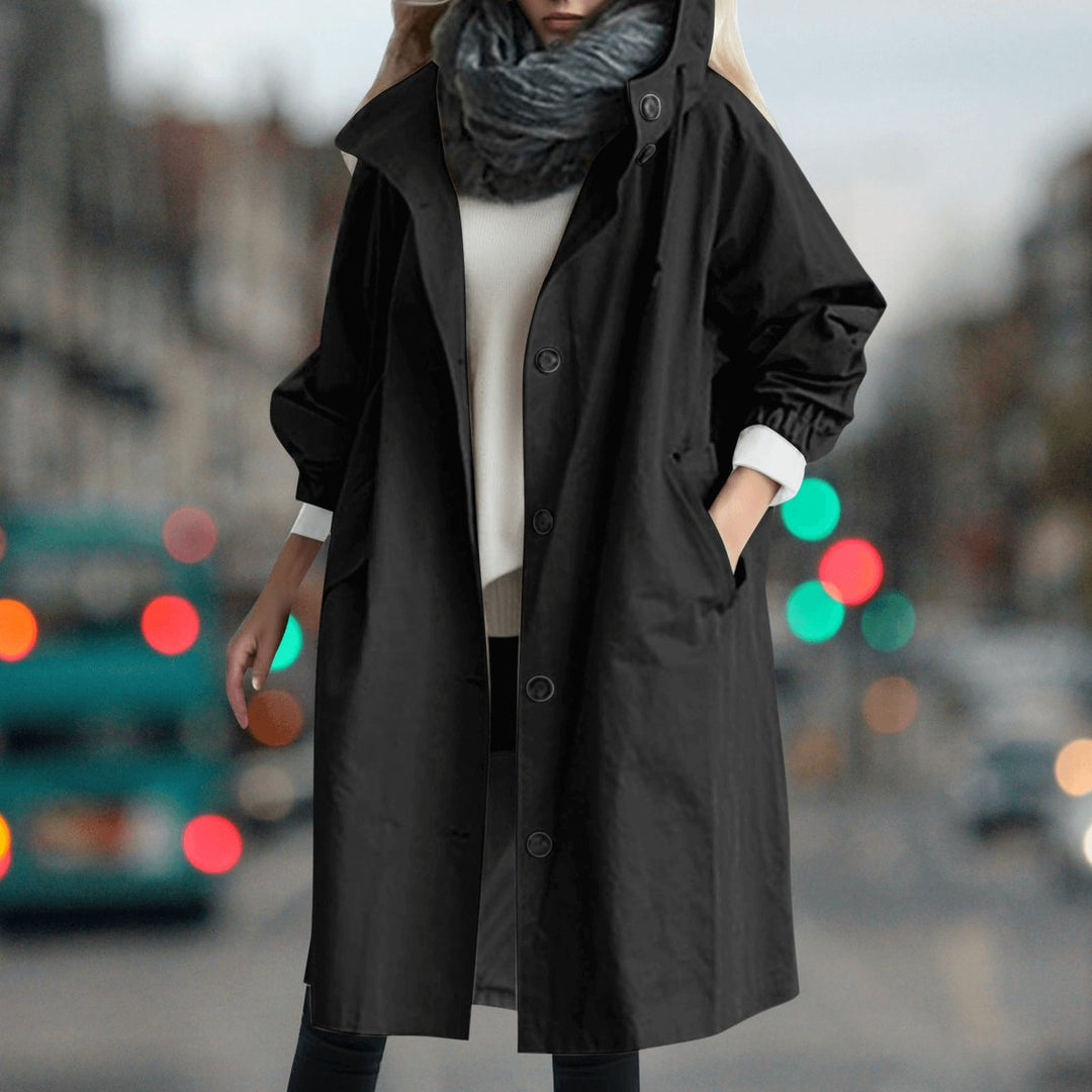 Women's Hooded Waterproof Trench Coat Button-Front Longline