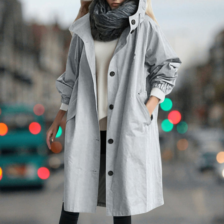 Women's Hooded Waterproof Trench Coat Button-Front Longline