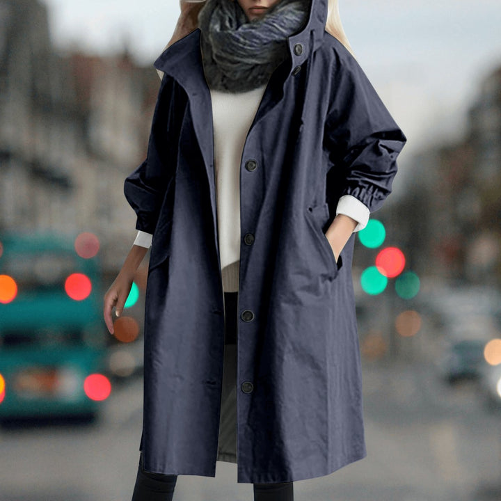 Women's Hooded Waterproof Trench Coat Button-Front Longline