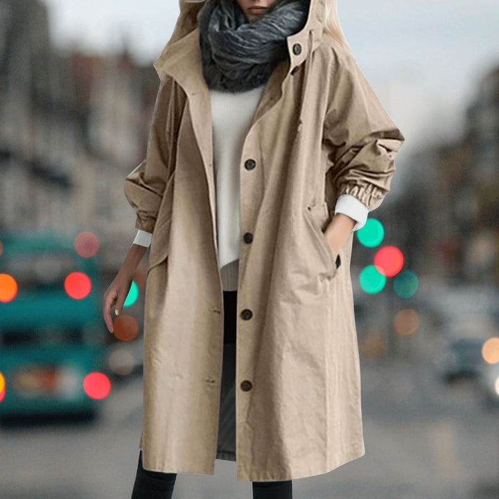 Women's Hooded Waterproof Trench Coat Button-Front Longline