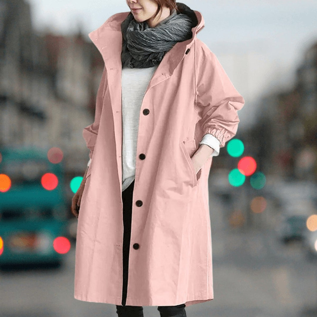 Women's Hooded Waterproof Trench Coat Button-Front Longline