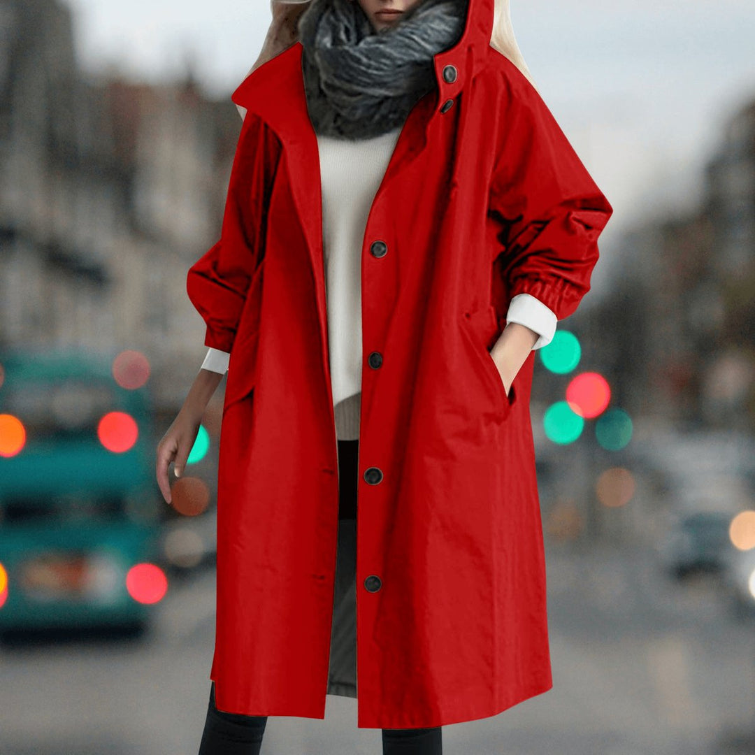 Women's Hooded Waterproof Trench Coat Button-Front Longline