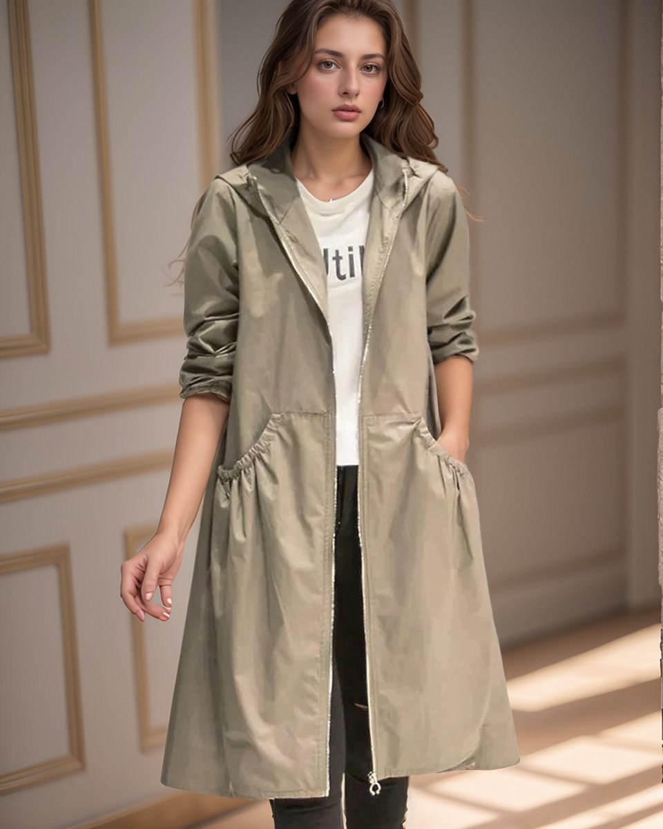 Women's Hooded Waterproof Trench Coat Knee-Length Relaxed Fit