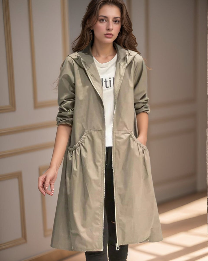 Women's Hooded Waterproof Trench Coat Knee-Length Relaxed Fit