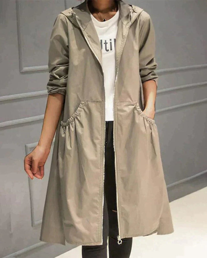 Women's Hooded Waterproof Trench Coat Knee-Length Relaxed Fit