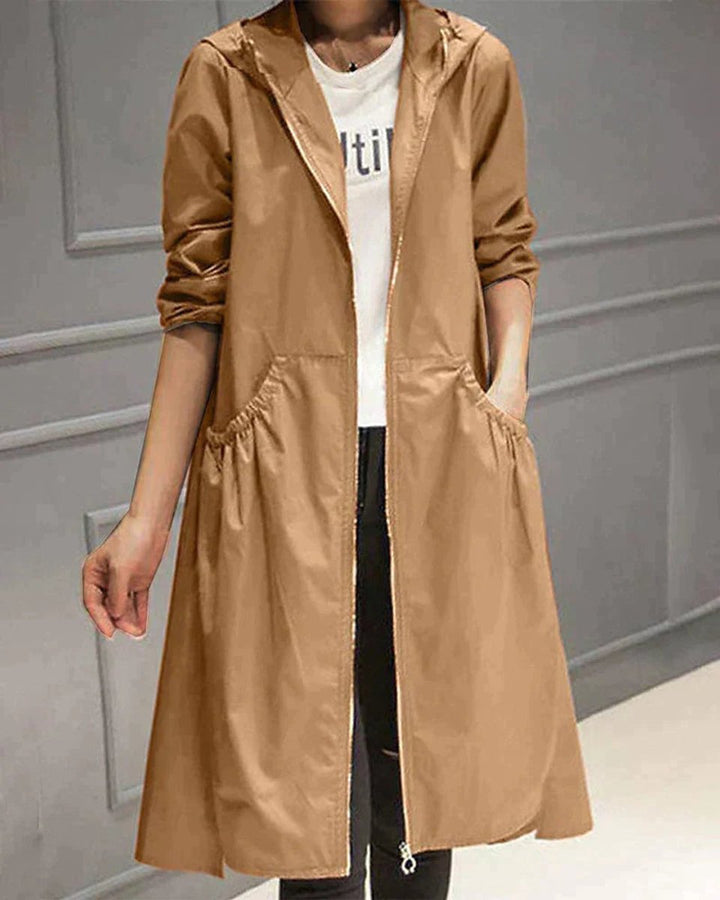 Women's Hooded Waterproof Trench Coat Knee-Length Relaxed Fit