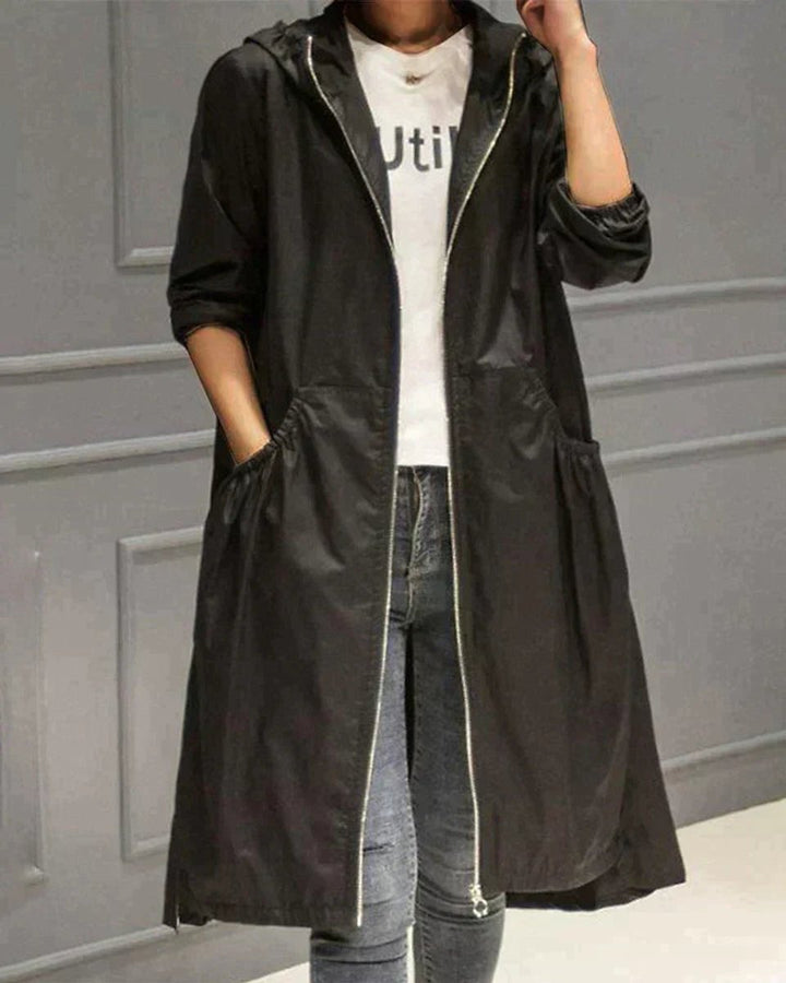 Women's Hooded Waterproof Trench Coat Knee-Length Relaxed Fit