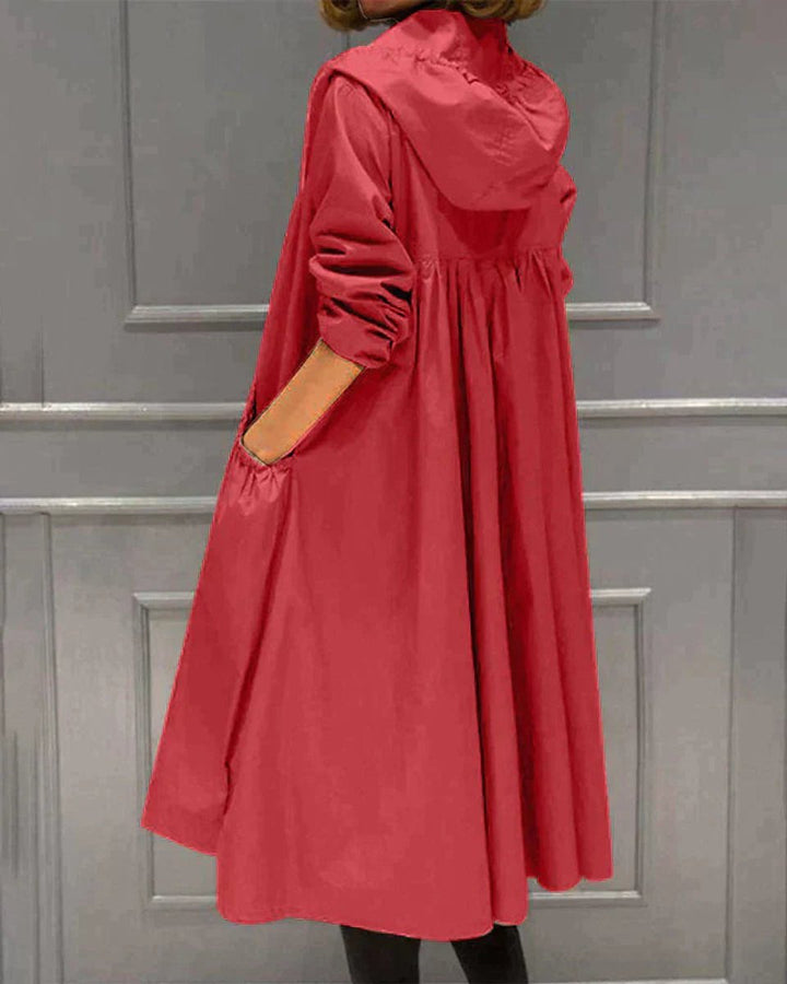 Women's Hooded Waterproof Trench Coat Knee-Length Relaxed Fit