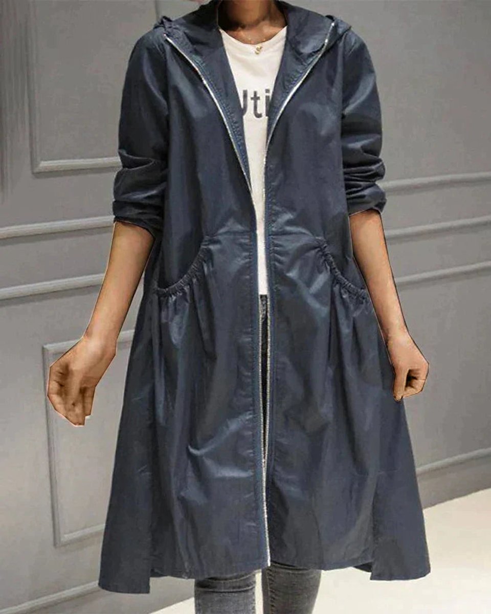 Women's Hooded Waterproof Trench Coat Knee-Length Relaxed Fit