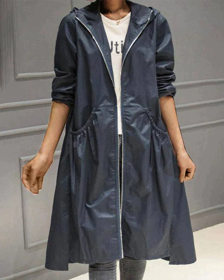 Women's Hooded Waterproof Trench Coat Knee-Length Relaxed Fit